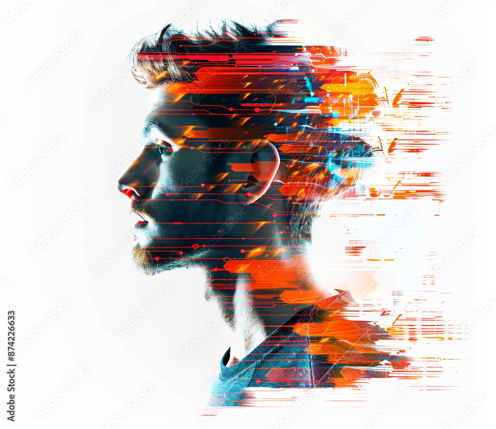 Poster abstract portrait of a handsome man in double exposure, side view portrait made in the style of pixe
