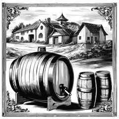 Barrel in the Yard in Old Engrave Style
