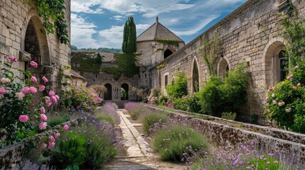 Naklejka premium A medieval monastery with a cloister garden filled with blooming roses and lavender, surrounded by ancient stone walls and tranquil countryside.
