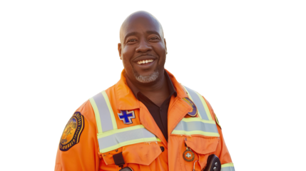 Black African American EMS Paramedic Proudly Standing isolated transparent on white.