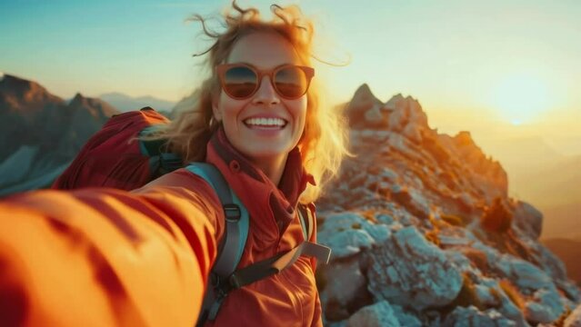 Woman standing on the summit of a mountain and taking a selfie, smiling, and enjoying her achievements. Adventure, hiking. Perseverance, endurance, achievements