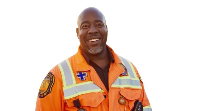 Black African American EMS Paramedic Proudly Standing isolated transparent on white.