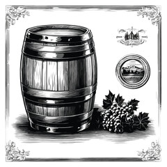 Barrel with Grapes and Leaves in Old Engrave Style