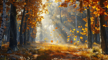 Enchanting autumn forest with light rays and falling leaves
