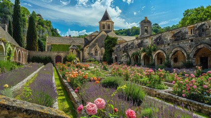 Naklejka premium A medieval monastery with a cloister garden filled with blooming roses and lavender, surrounded by ancient stone walls and tranquil countryside.