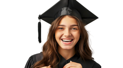 Happy and excited portrait of young student girl in hat of graduation isolated transparent on white.