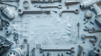 Fototapeta premium Assorted Mechanical Tools on Technical Blueprint with Crumpled Paper - Wrenches, Bolts, and Nuts for Industrial and DIY Projects - High-Resolution Image of Precision Repair Equipment and Instruments 