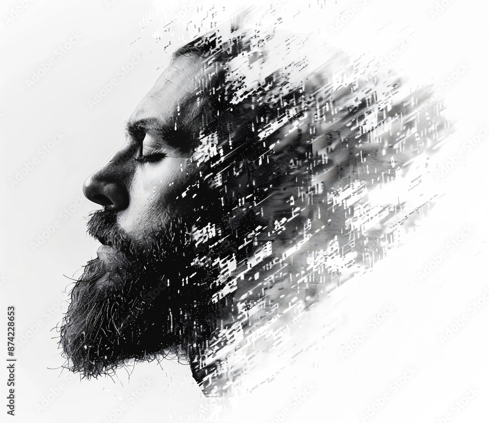 Poster abstract portrait of a handsome man in double exposure, side view portrait made in the style of pixe
