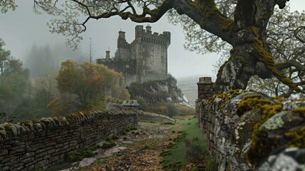 A medieval Scottish castle with rugged stone walls and a towering keep, set amidst mist-covered moors and ancient oak forests.