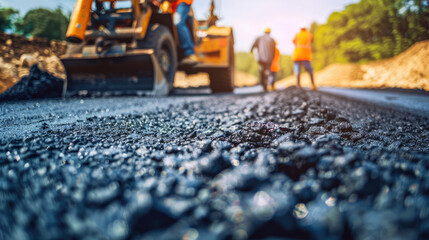 Road Construction Workers Smoothing Hot Asphalt