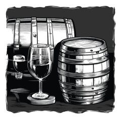 Barrel and Wine Set in Old Engrave Style