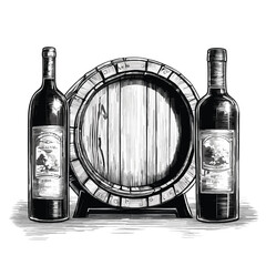 Barrel and Bottles with Wine Glass in Old Engrave Style