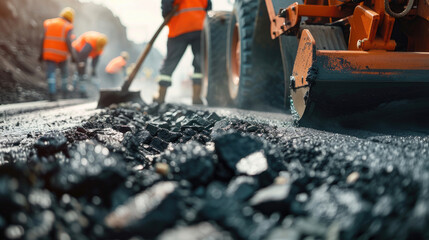 Naklejka premium Road Construction Workers Smoothing Hot Asphalt