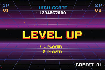 LEVEL UP INSERT A COIN TO CONTINUE .pixel art .8 bit game. retro game. for game assets in vector illustrations.