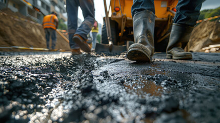 Road Construction Workers Smoothing Hot Asphalt