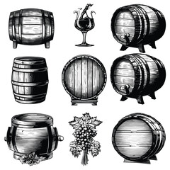 Various Barrels and Wine Items in Old Engrave Style