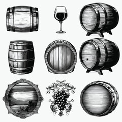 Barrel and Grapes in Old Engrave Style