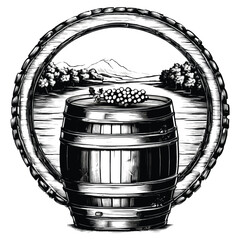 Barrel with Grapes in Old Engrave Style