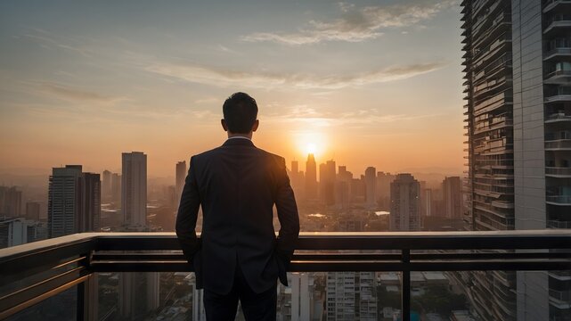 Businessman looking and enjoying the sunset view from balcony with busy urban downtown with loneliness for solitude, business, inspiration and dreaming of freedom lifestyle concept. AI Generative.