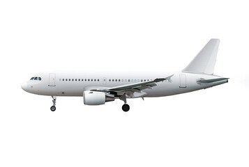 Obraz premium Side view of a white commercial airplane isolated on a transparent background