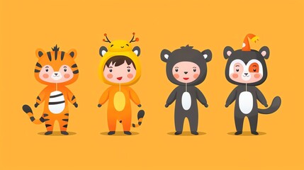 Cute kids dressed in animal costumes, perfect for a children's book or party invitation.