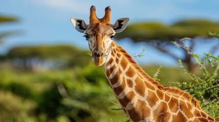 Obraz premium Close-up photo of a giraffe's distinctive coat with patches and patterns, highlighting its tall and graceful appearance in the savannas of Africa.