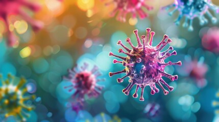 A close-up microscopic image of a virus, featuring a vivid pink and purple hue with a colorful, blurred background.