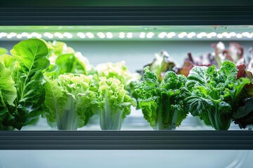 Fototapeta premium Fresh, green lettuce plants growing in a hydroponic system under LED lights.