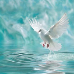 A white dove flies free from water into the sky. It symbolizes hope, peace, and freedom. It reminds us of International World Peace Day and Human Rights.