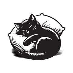 A Cat Sleeping with Pillow vector. Sleeping cat. Silhouettes of black cats. Vector illustration