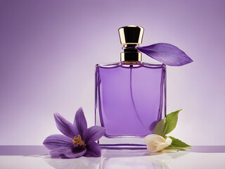 violet bottle of perfume with flower