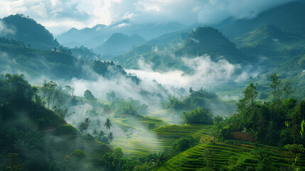 Stunning Vietnam terraced landscape with misty mountains in morning light