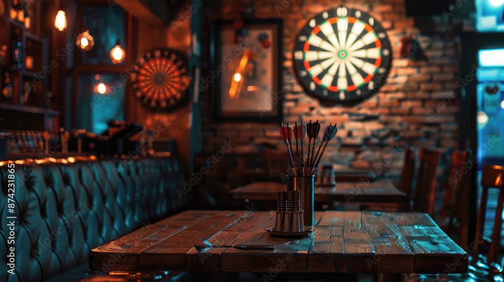 Poster darts and dartboard in a bar setting, showcasing skill and accuracy in a relaxed environment