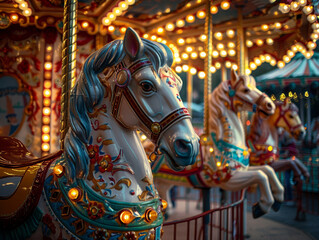 Illuminated carousel horses in a festive amusement park setting