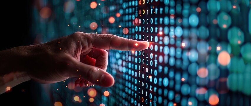 Someone's index finger is pointing at a high-tech screen with flashing blue and red colors