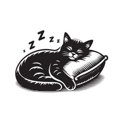 A Cat Sleeping with Pillow vector. Sleeping cat. Silhouettes of black cats. Vector illustration