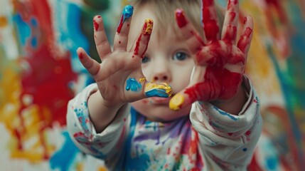 Obraz premium Little child showing hands with paint 