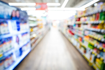 Abstract blurred food and drink on shelf in modern trade supermarket