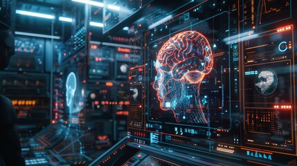 Obraz premium A high-tech data center displays an advanced AI brain visualization, showcasing artificial intelligence and machine learning concepts.