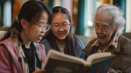 Obraz premium Elderly woman and young people bond over a book, sharing laughs and learning together.
