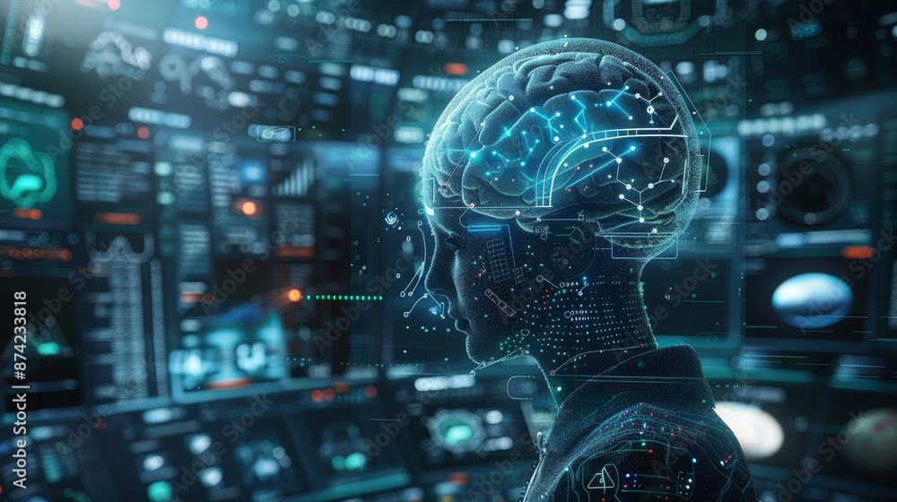 Poster an advanced control room features a holographic ai brain, demonstrating the integration of artificia