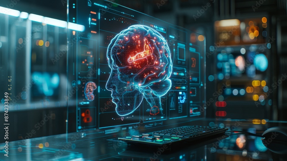 Poster holographic brain-computer interface in action, advanced neural holography, seamless human-tech inte