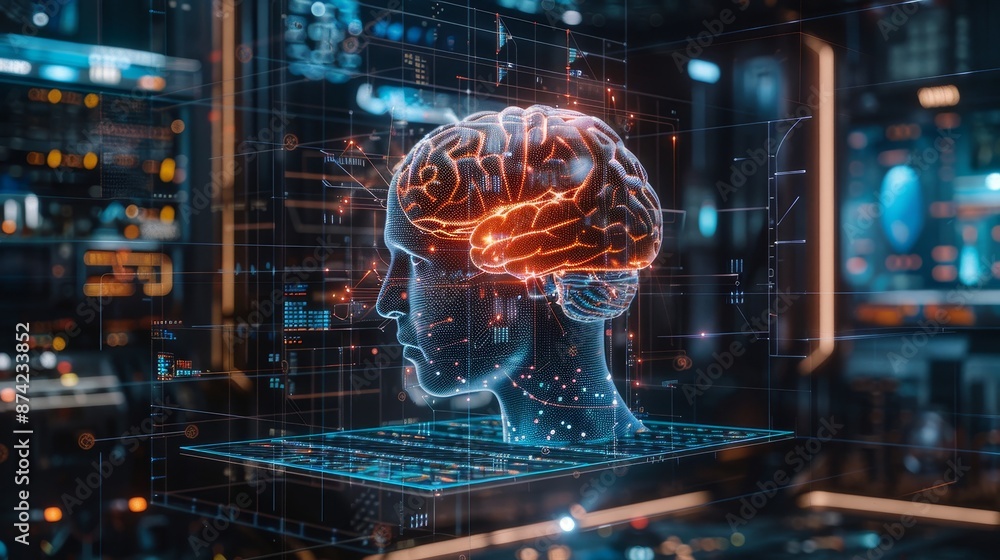 Poster holographic brain-computer interface in action, advanced neural holography, seamless human-tech inte
