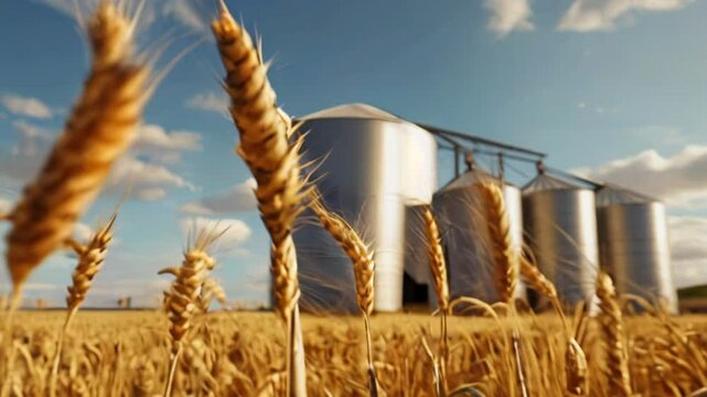 Golden wheat field swaying in the breeze, with grain silos standing tall in background under setting sun. The essence of agriculture, harvest time, the beauty and productivity of rural landscapes