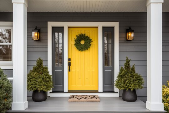 The outer wall of a dark gray house with a bright yellow door. house with yellow front door