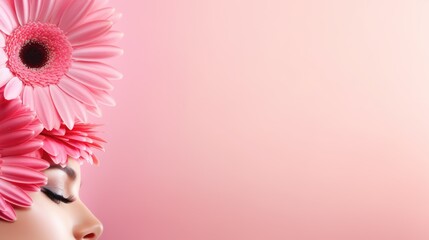 Beautiful girl with flowers on a pink background.Beauty Model Woman Face. Perfect skin. Professional makeup.Makeup. Art of fashion