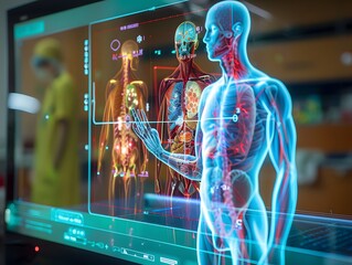 Realism of A holographic display showing a 3D model of a patient's anatomy.. very detailed