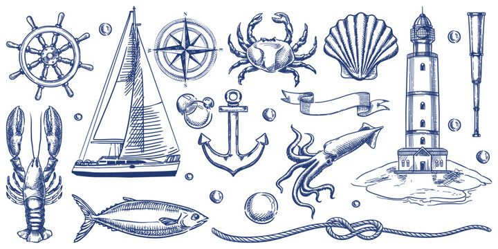 Nautical vintage icons set. Vector hand drawn monochrome sketch illustration of lighthouse, ship, anchor, sea animals. Marine design elements isolated on white background