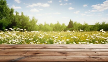 Empty table on summer blurred background. Mockup for presentation, product branding, cosmetics, food or decoration.