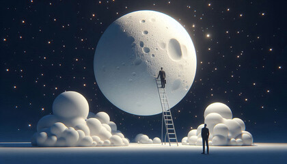 A minimalist illustration of a Man standing on a ladder to reach the moon. 3D rendering - Concept for success 